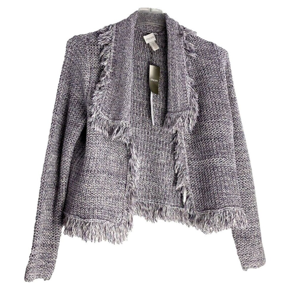 Chico's Freida Fringe Open Knit Cardigan Sweater Lavender Silver Metallic $109